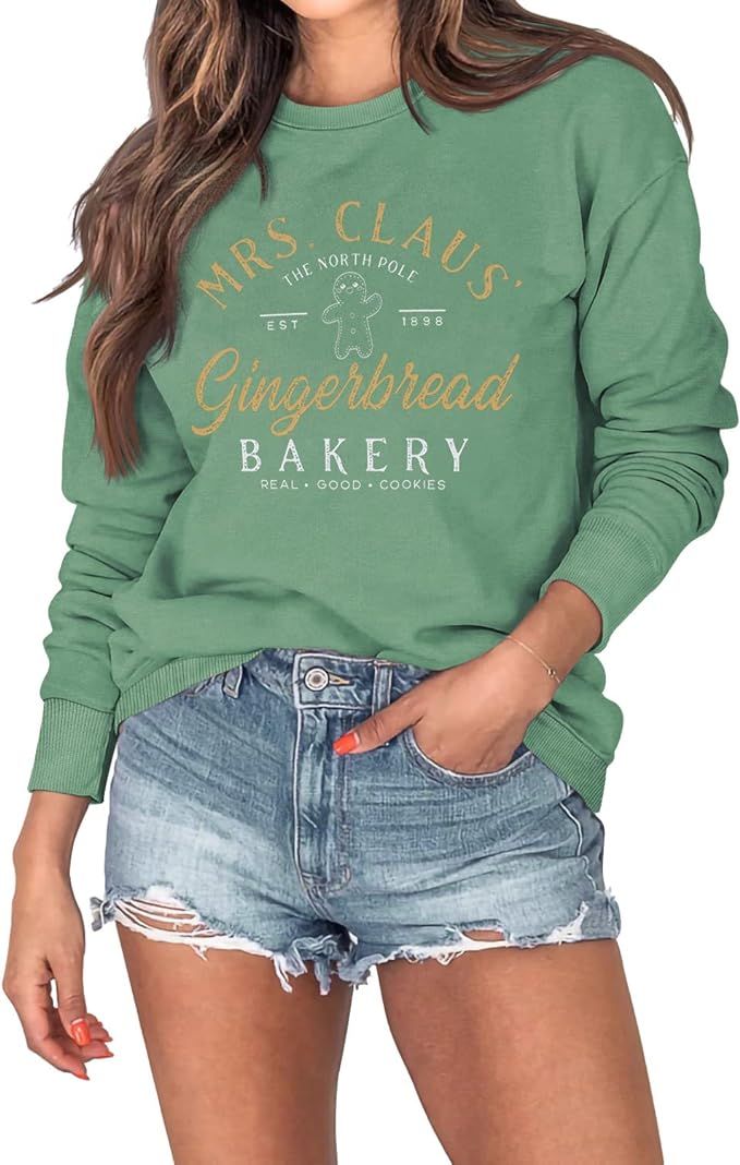 Women Christmas Gingerbread Sweatshirt Bakery Mrs. Claus Letter Print Long Sleeve Casual Xmas Hol... | Amazon (US)