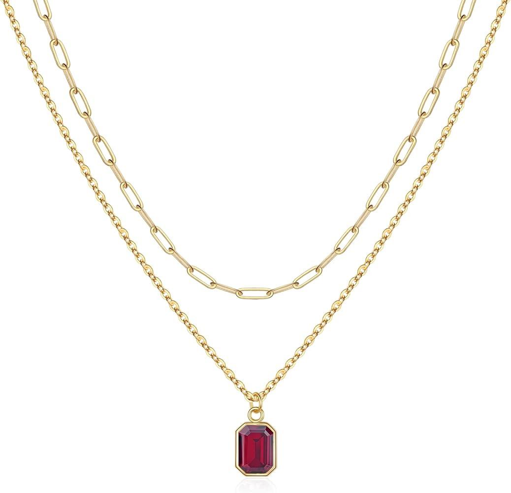 Layered Birthstone Necklace for Women Girls, Gold Silver Rose Gold Plated Layered Paperclip Chain... | Amazon (US)