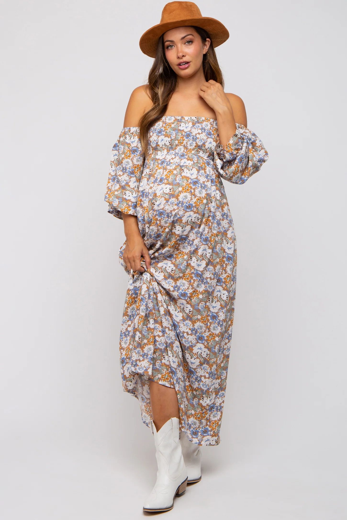 Taupe Floral Print Off Shoulder Smocked Maternity Maxi Dress | PinkBlush Maternity