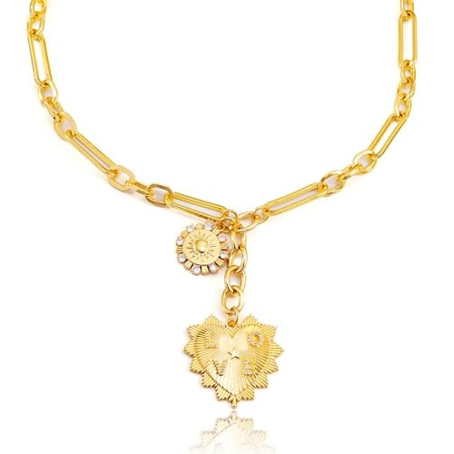 ORIGENCE Chunky Gold Heart Necklace Gold Charm Necklace Chunky Charm Necklace Sun Heart Pendent Necklace for Women 18K Gold Plated Charm Necklace Hip Hop Charm Necklace Unisex Jewelry | Amazon (US)