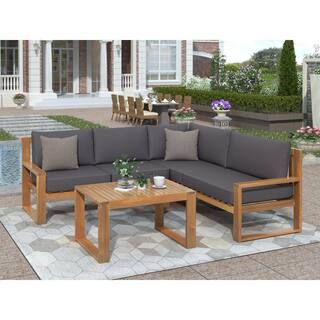 Harper & Bright Designs Solid Acacia Wood Outdoor Sectional with Gray Cushions and Table-WY000121... | The Home Depot