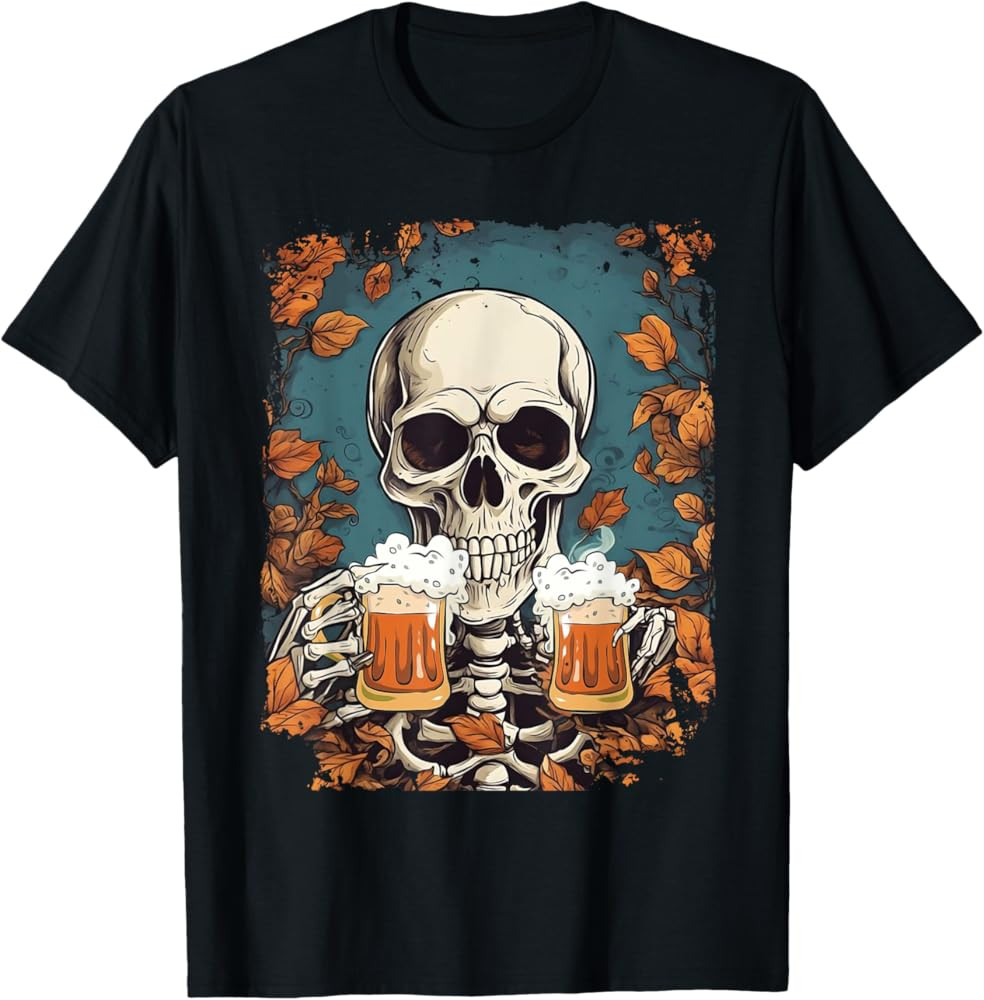Skeleton Drinking Beer Retro Halloween Costume Beer Drink T-Shirt | Amazon (US)
