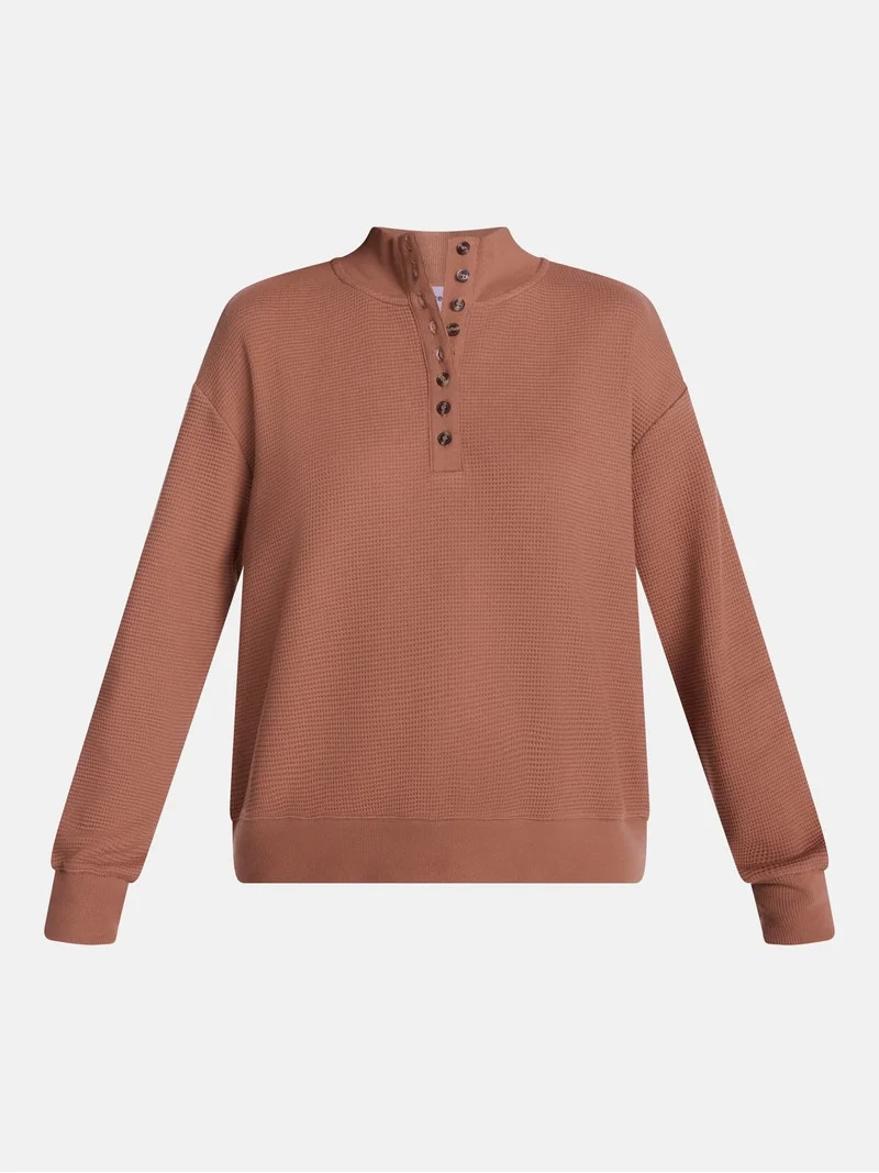 Scenario Women's and Women's Plus Waffle Knit Button Top with Long Sleeves, Sizes XS-4X | Walmart (US)