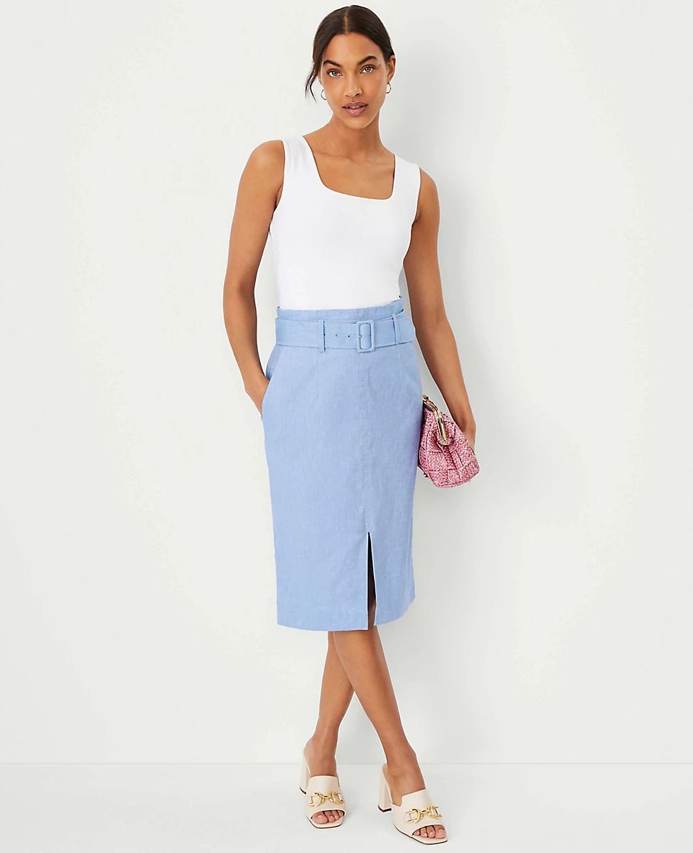 Chambray Linen Blend Belted Front Slit Pencil Skirt | Ann Taylor (US)