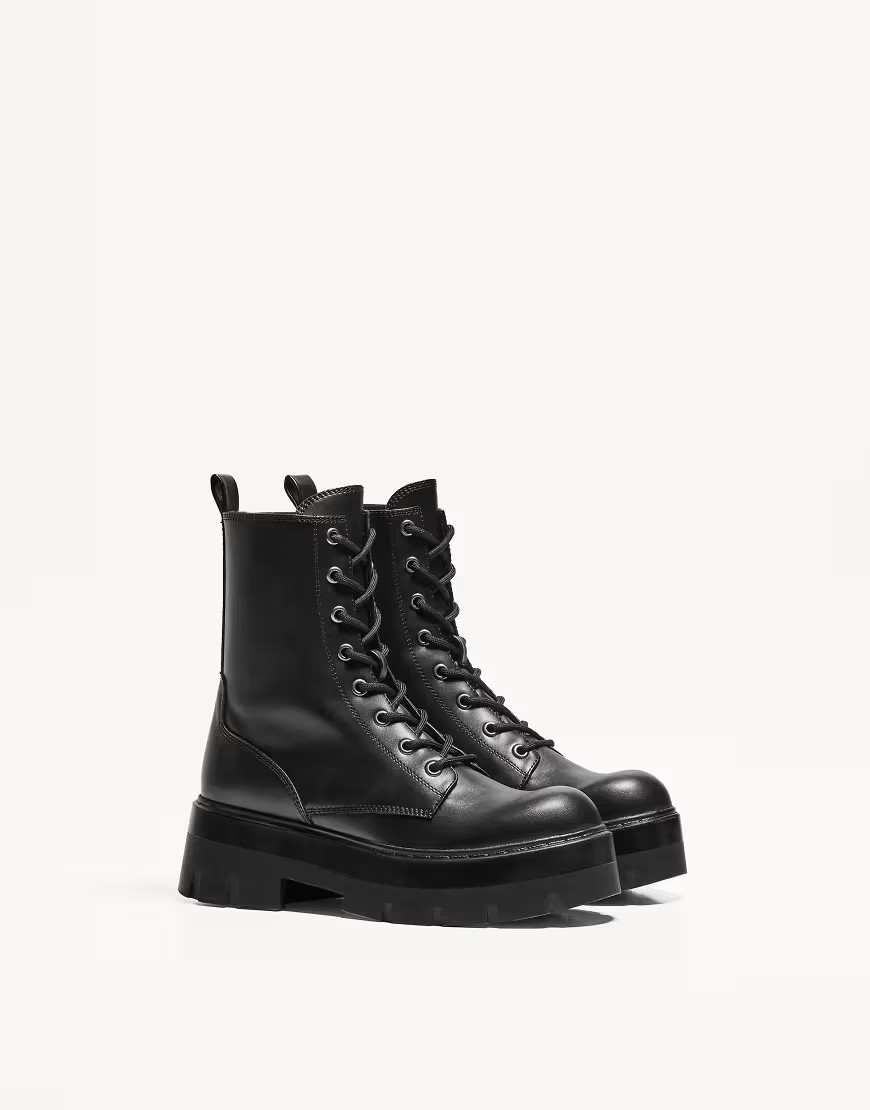 Bershka lace up track sole ankle boots in black | ASOS (Global)