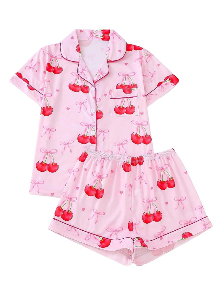 WDIRARA Women's 2 Piece Bow Cherry Print Pajama Set Short Sleeve Button Down Shorts Sleepwear Pjs | Amazon (US)