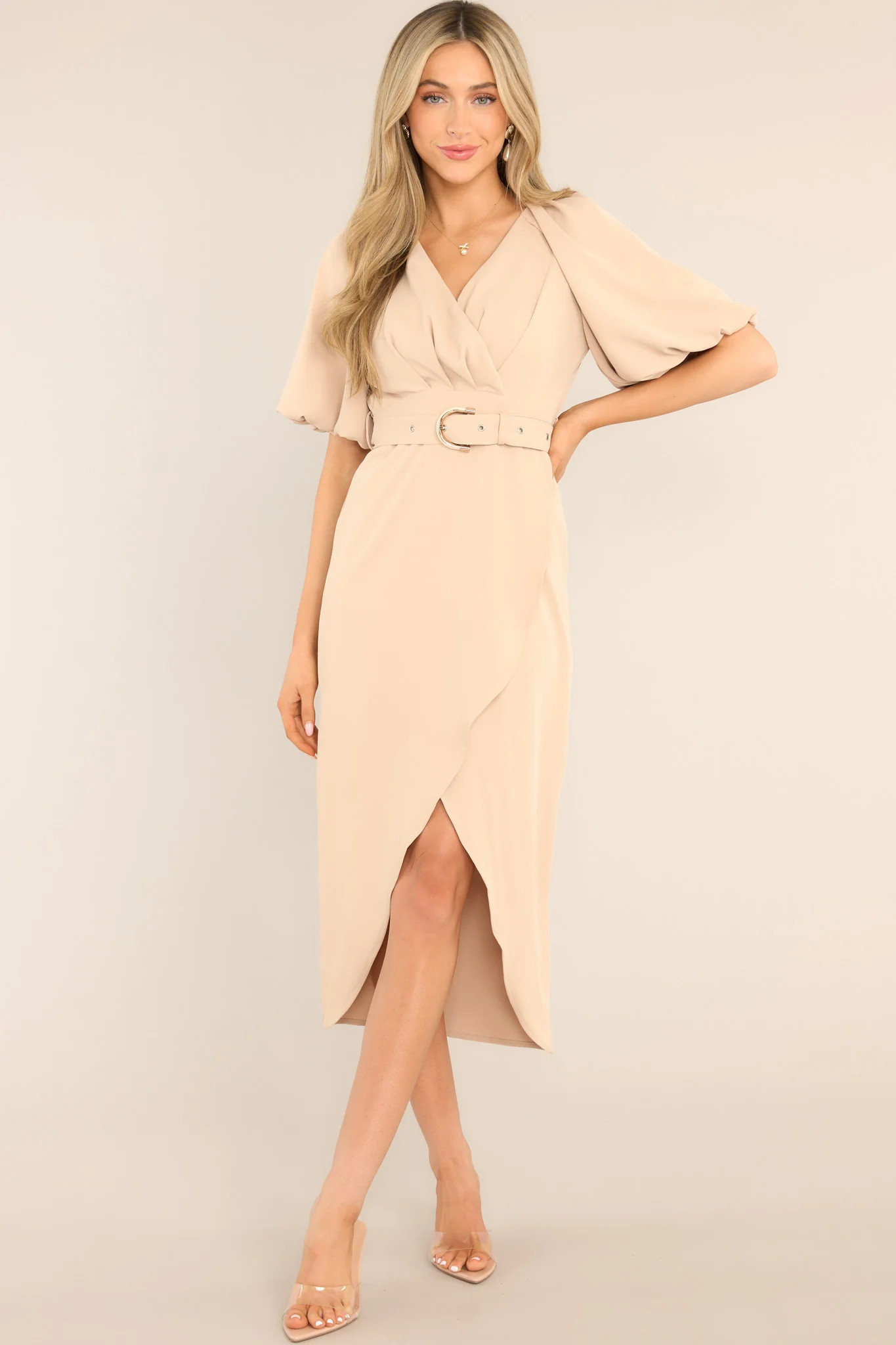 No Matter The Odds Beige Belted Midi Dress | Red Dress