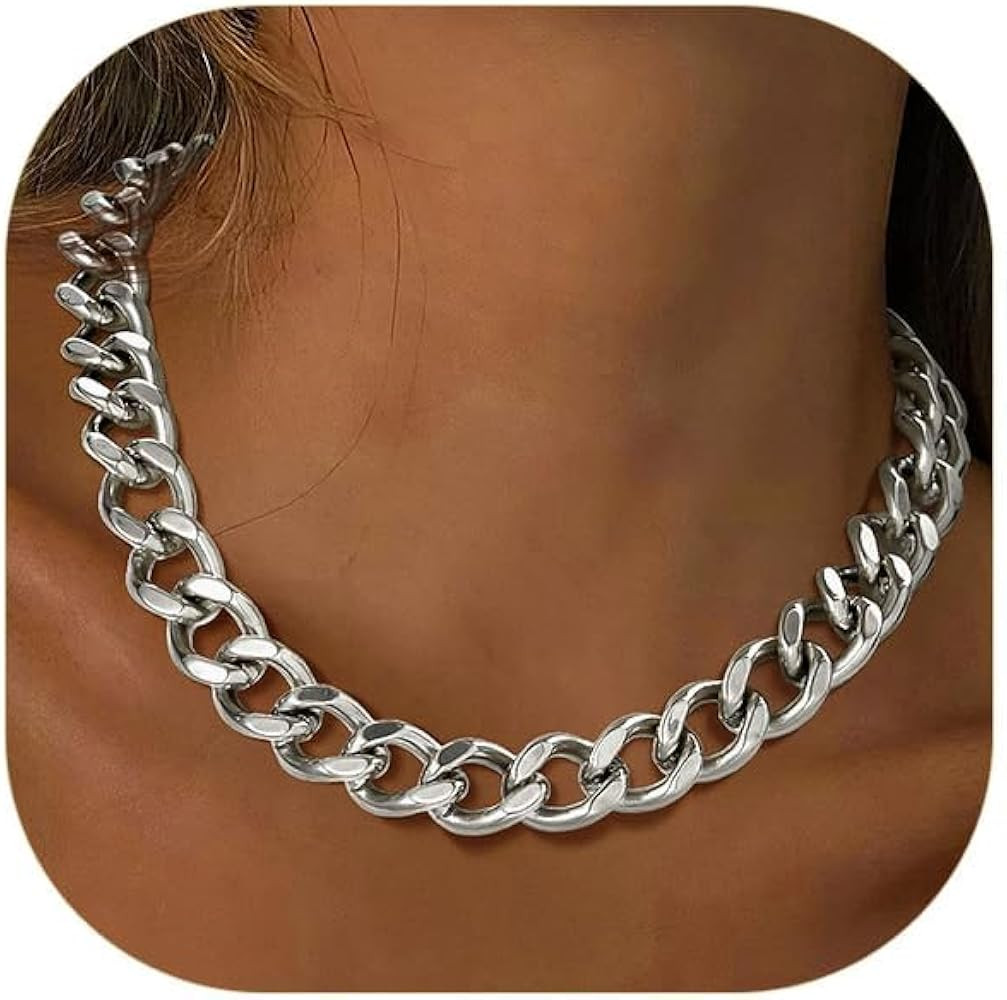 ChainsPro Cuban Link Chain for Women,Stainless Steel Chunky Necklace Silver/Gold Plated Thick Cha... | Amazon (US)