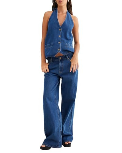 Fisoew Women's Two Piece Denim Set Button Down Backless Tank Top and Wide Leg Jeans 2 Piece Outfit Suits | Amazon (US)