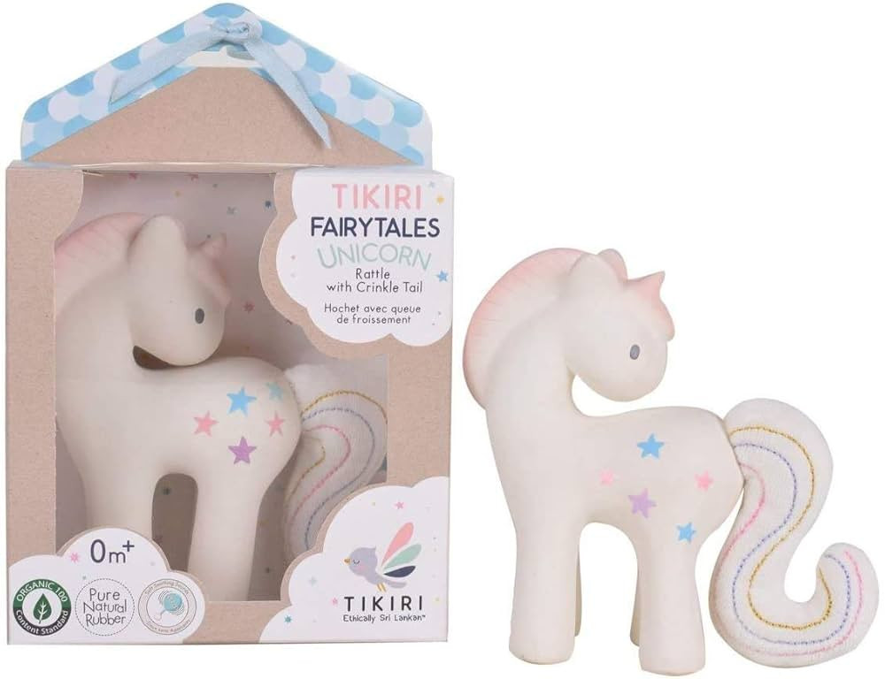 Tikiri Fairytales Cotton Candy Unicorn Natural Rubber Rattle with Crinkle Tail (White) | Amazon (US)
