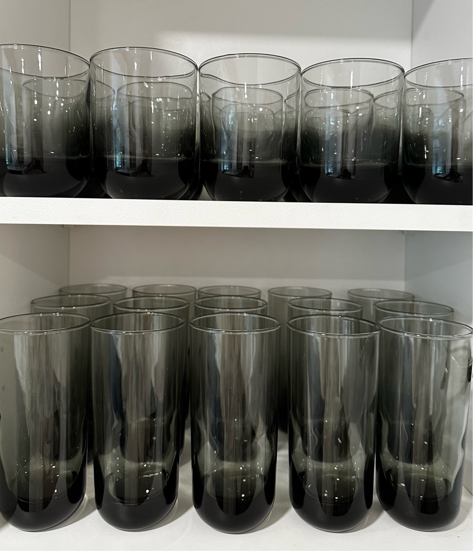 New “smoke” every day glassware 
. I love the rounded bottoms for a more pleasing aesthetic look. They are very sturdy and won’t tip over with the rounded corners.  
