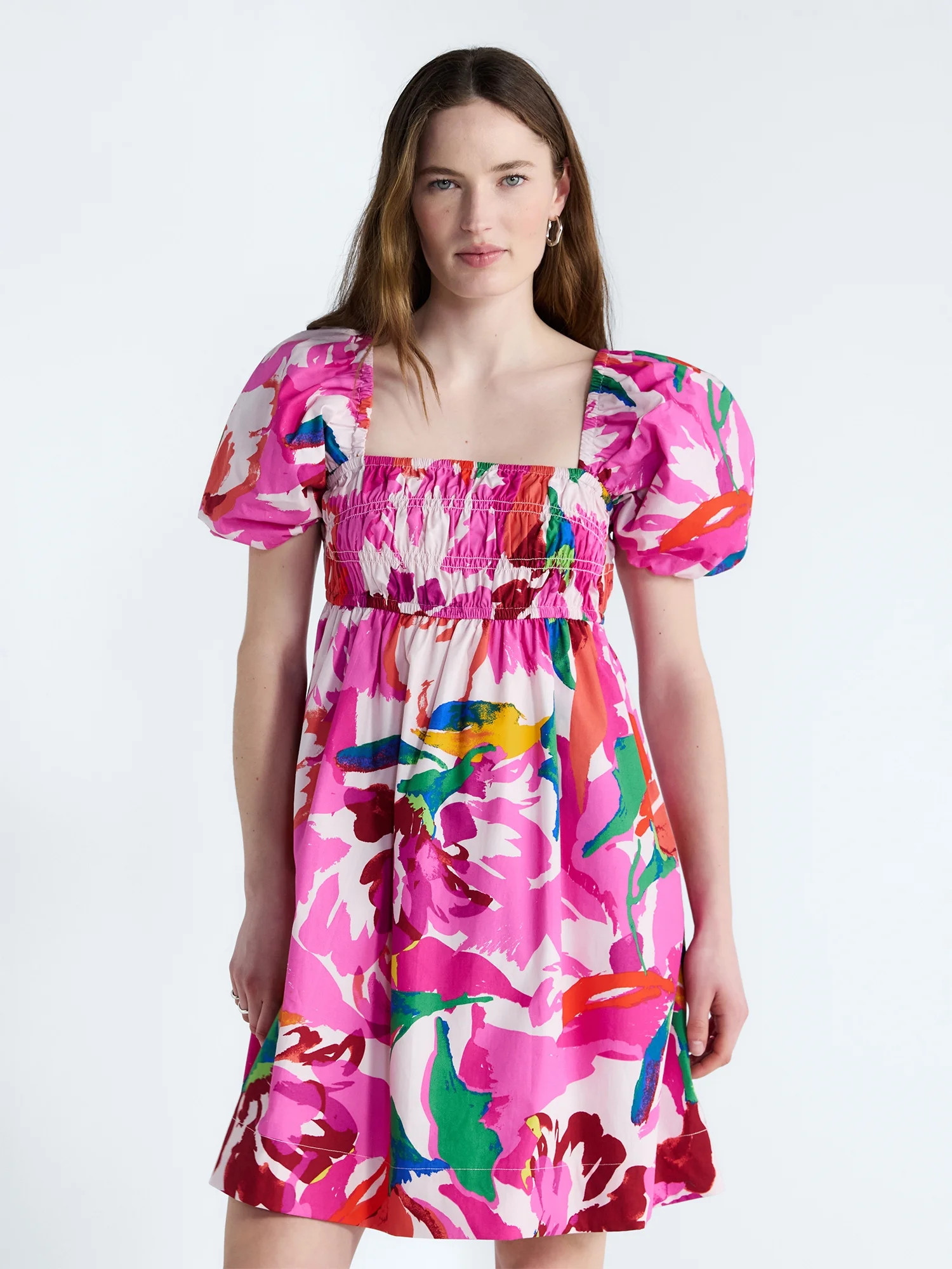 Free Assembly Women's and Women's Plus Smocked Cotton Peasant Mini Dress with Puff Sleeves, Sizes... | Walmart (US)