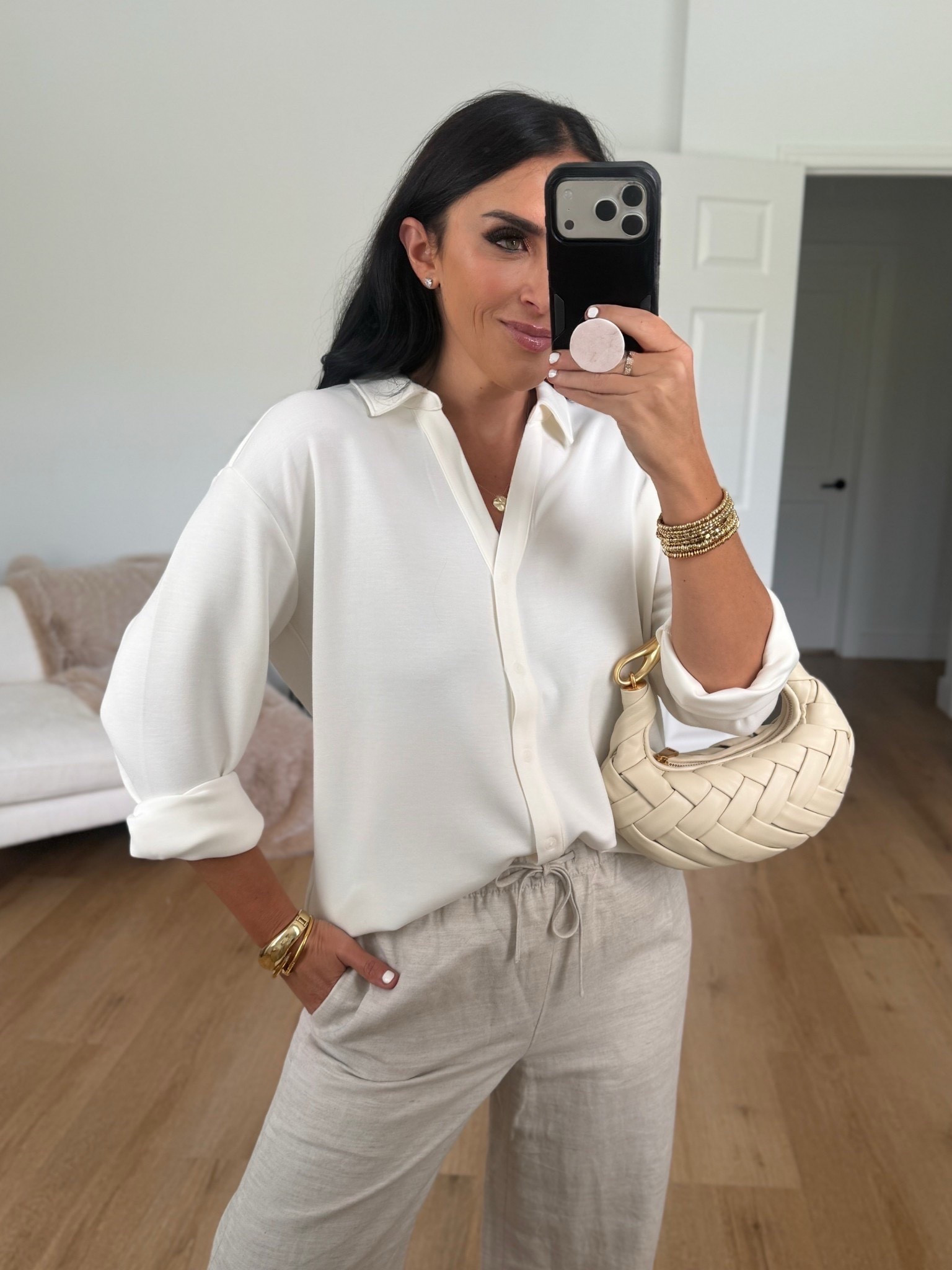 SPANX AirEssentials® Oversized Button Down wearing size small.