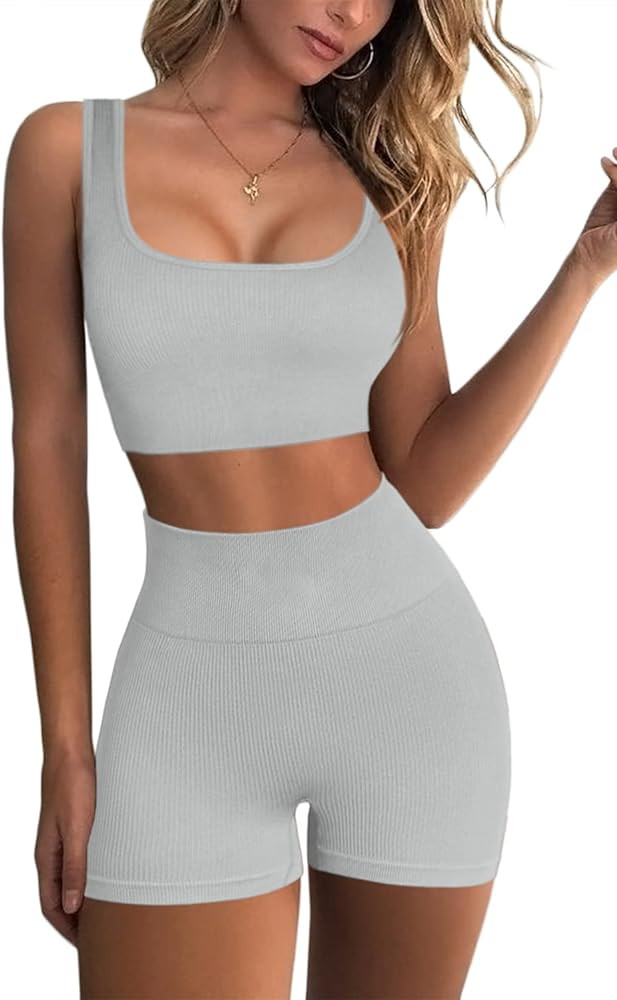 FAFOFA Workout Sets for Women 2 Piece Seamless Ribbed Crop Tank High Waist Shorts Yoga Outfits | Amazon (US)
