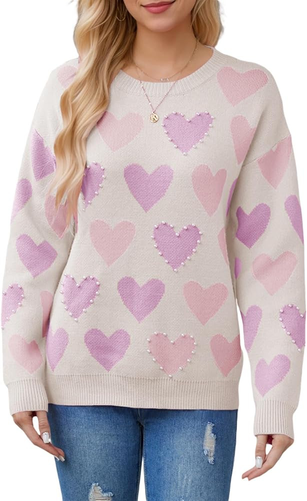 Argeousgor Women Pearl Sweater Love Heart Graphic Knitted Sweatshirts Cute Valentines Day Oversiz... | Amazon (US)