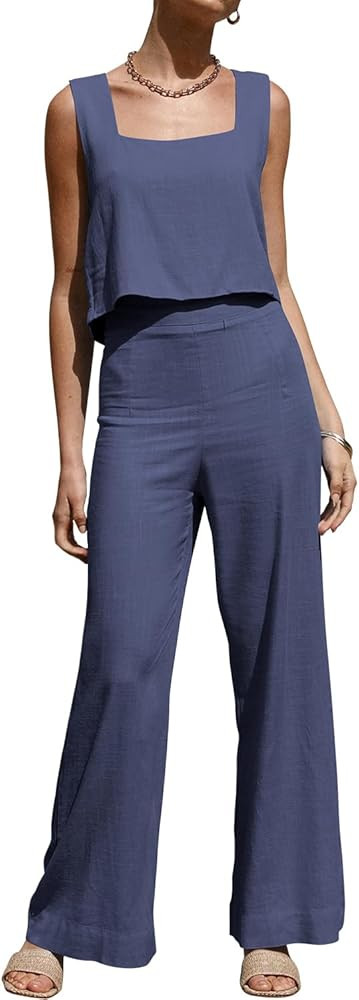 ROYLAMP Women's Summer 2 Piece Outfits Sleeveless Square Neck Tops Wide Leg Pants set Jumpsuit wi... | Amazon (CA)