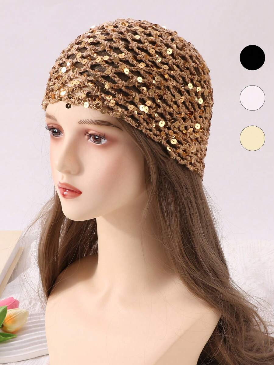 1pc Women's Fashion Hollow Crochet Sequin Beanie, Suitable For Everyday Wear | SHEIN