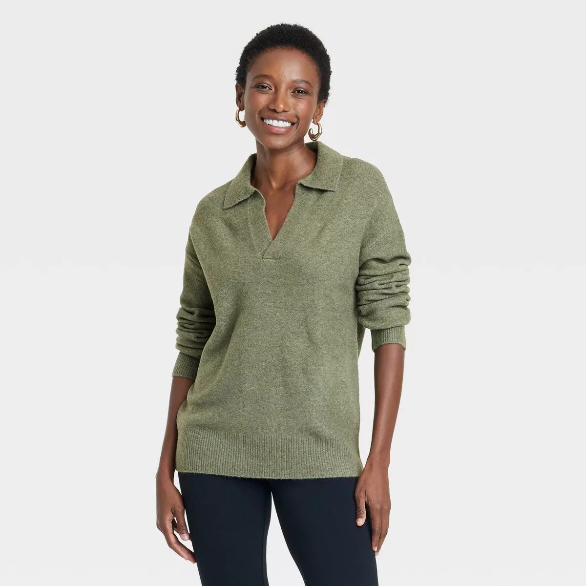 Women's Cozy Knit Polo Collar Pullover Sweater - A New Day™ Green S | Target