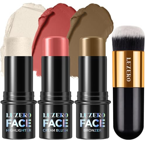 Lezero 3Pcs Contour Stick Makeup Kit, Shades with Highlighter, Blush and Bronzer Stick for Sculpt the Face and All Skin Type, Long Lasting, Smooth, Dewy & Matte Finish, MEDIUM TAN | Amazon (US)