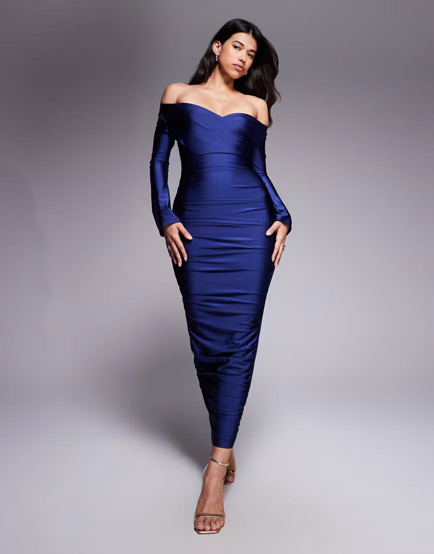 Ruched & Ready You Wish sculpted high shine off-shoulder sweetheart neck maxi dress in navy | ASOS (Global)