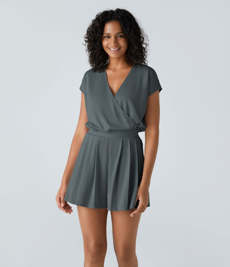 Women’s V Neck Short Sleeve Plicated Side Pocket Flowy Waffle Casual Jumpsuit - Halara | HALARA