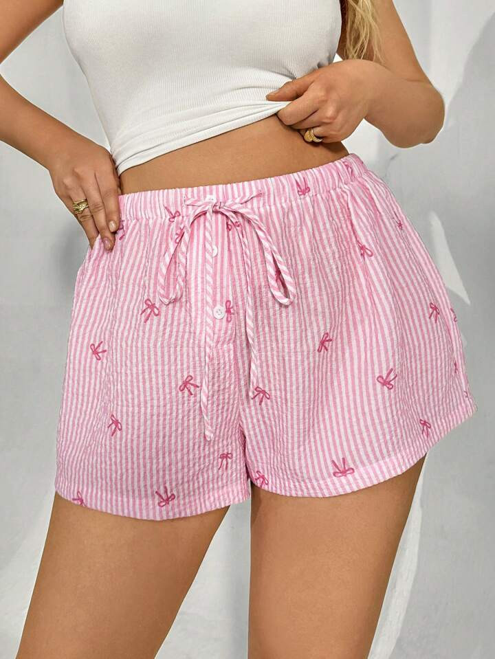 Auralis Plus Size Summer Outfits For Women ,Women Airport Outfit For Women Fairycore Casual Striped Bow Print Shorts,New Fashion Casual Commuting Home Comfortable Street Ins Pajamas Style Cute Print Pattern Loose Shorts,Flowy Pants,Pink Printed Stripes Shorts , | SHEIN