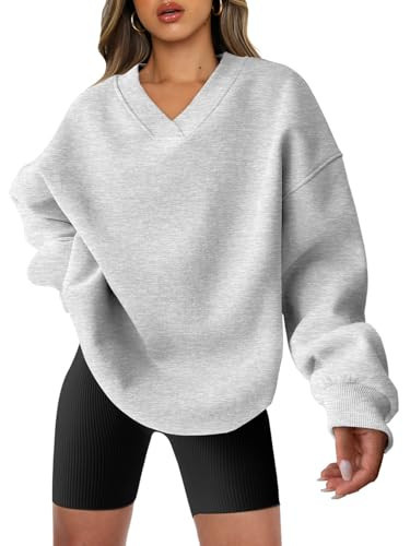 ANRABESS Womens Oversized V Neck Sweatshirt Fleece Long Sleeve Hoodies Pullover Comfy Top Outfits 2025 Teen Preppy Clothes Medium Light Gray | Amazon (US)
