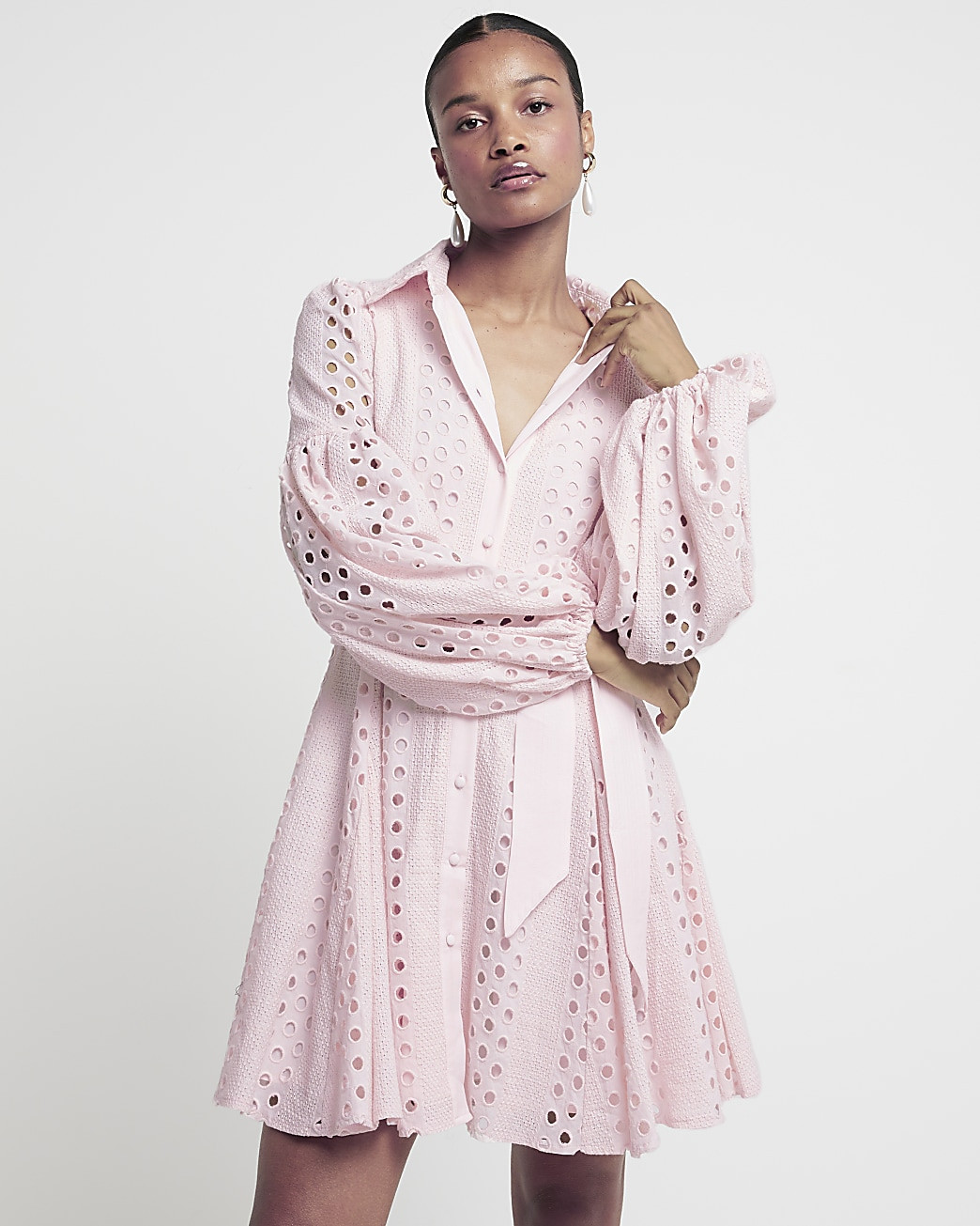 Pink broderie belted mini shirt dress | River Island (UK & IE)