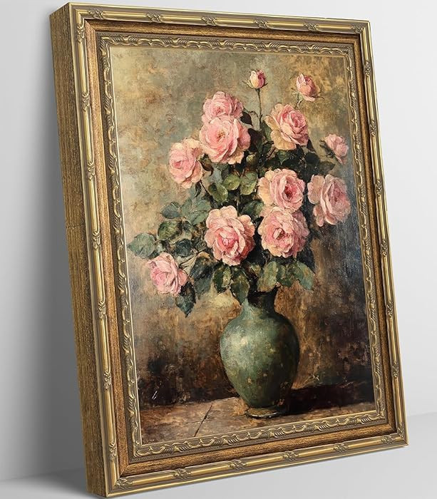 Gold Framed Vintage Canvas Wall Art, Pink Roses Floral Painting Picture Wall Decor, Rustic Flower... | Amazon (US)