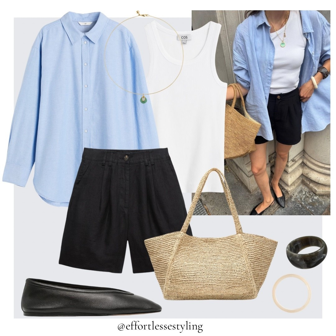 Casual linen shorts outfit. 

Pale blue shirt, white cotton ribbed vest, black linen shorts, resin bangles, gold and green necklace, raffia tote bag, black leather ballet flats. 

#LTKuk #LTKspring #LTKstyletip