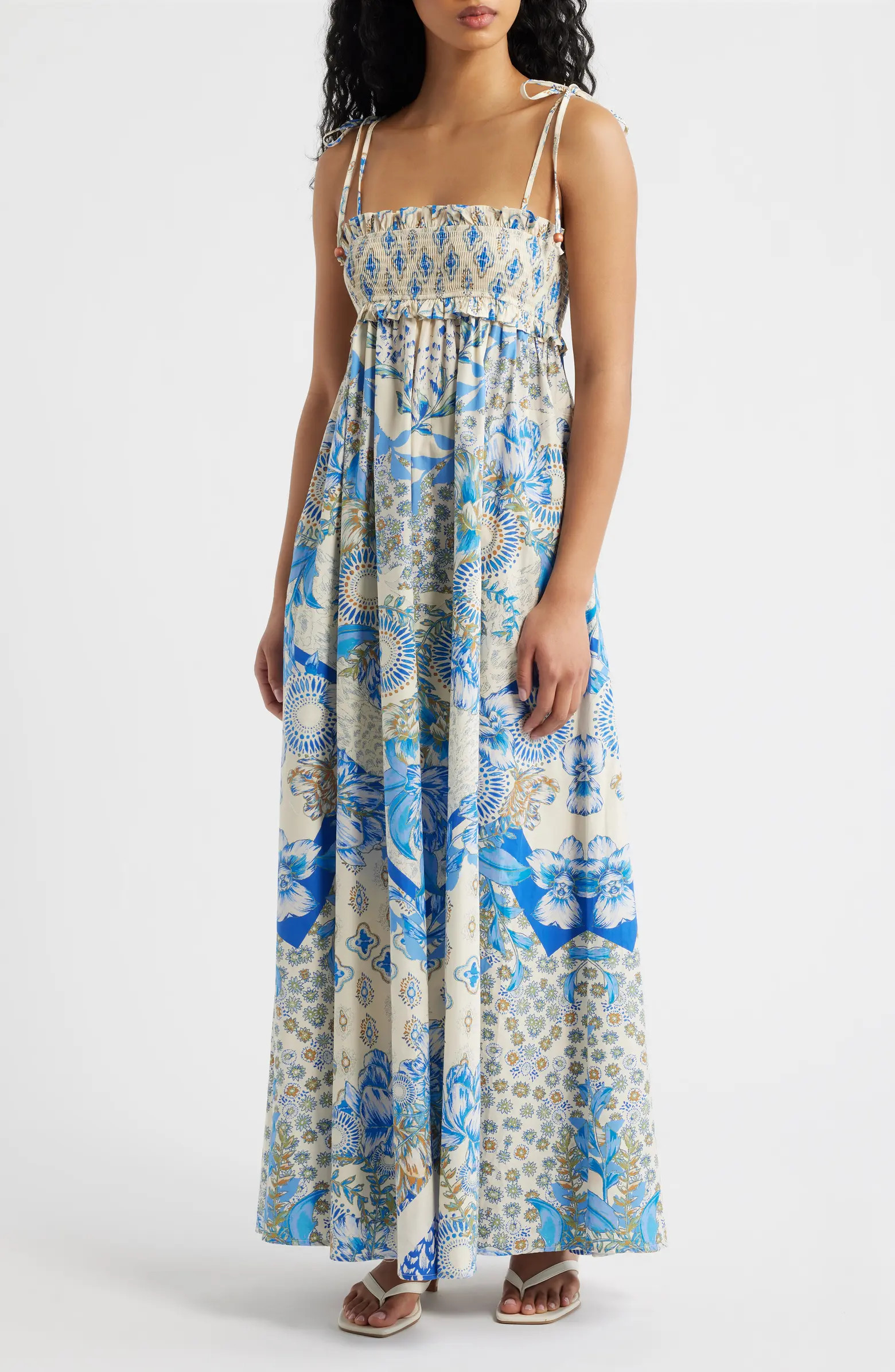 FLYING TOMATO Print Smocked Bodice Tie Shoulder Maxi Dress | Nordstrom | Nordstrom