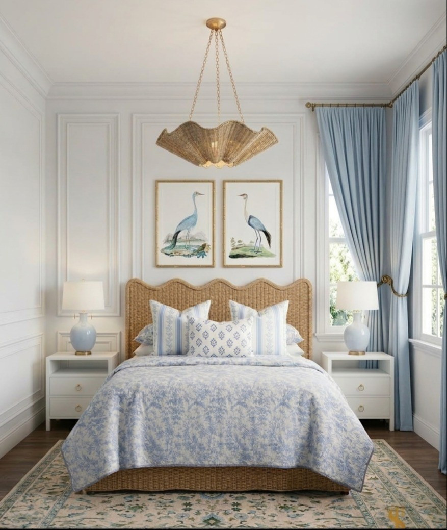 #stsweethome Coastal living, coastal bedroom, bedroom 3d visualization, grandmillennial bedroom, blue and white, home decor, bedroom moodboard. 

#LTKSpringSale #LTKSaleAlert #LTKHome