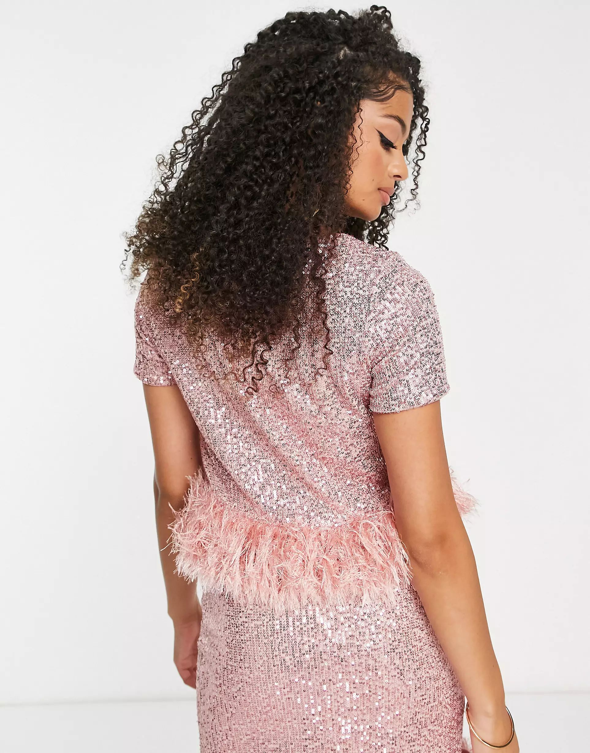 Jaded Rose Tall short sleeve t-shirt with faux feather trim in pink sequin co-ord | ASOS (Global)