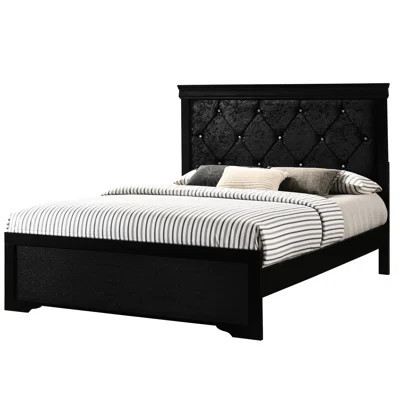 Black Finish King Size Bed With Upholstered Headboard And Enticing Button Tufting, Wood Foundation Element Exquisite | Wayfair North America