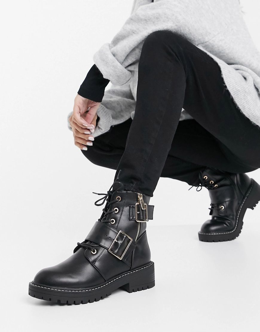 New Look buckle detail lace up chunky boots in black | ASOS (Global)