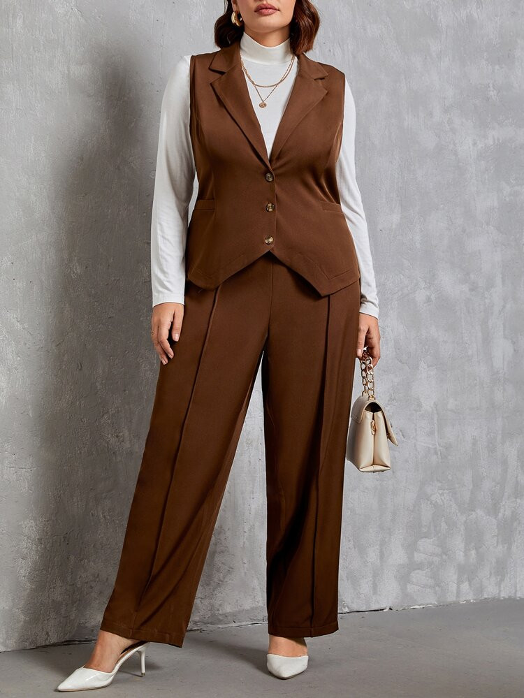SHEIN Unity Plus Single Breasted Waistcoat & Seam Detail Pants Without Tee | SHEIN