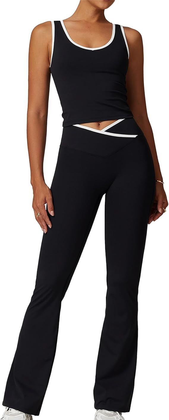 Women 2 Piece Workout Sets Flare Leggings Crossover High Waist Yoga Outfits Sports Bra Gym Active... | Amazon (US)