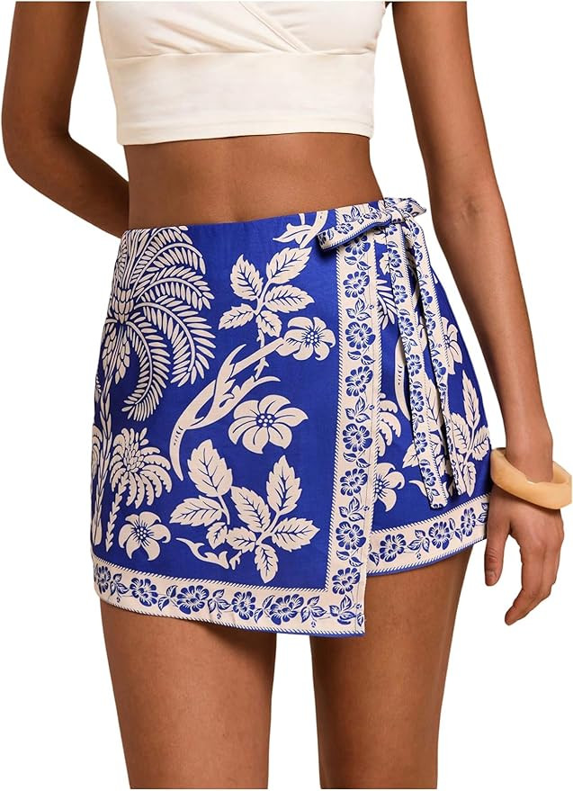 MakeMeChic Women's Floral Wrap Skirt Vacation High Waist Wide Leg Boho Shorts Skorts | Amazon (US)