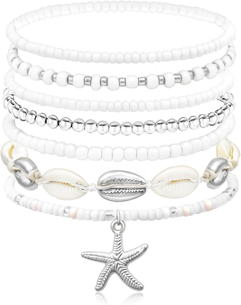 Beach Bracelets for Women Bohemian Stackable Heishi Surfer Bracelet Set Elastic Seashell Starfish... | Amazon (US)
