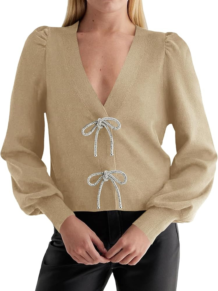 Saodimallsu Womens Puff Long Sleeve Sweaters V Neck Cropped Bow Button Front Cozy Knit Cardigan S... | Amazon (US)