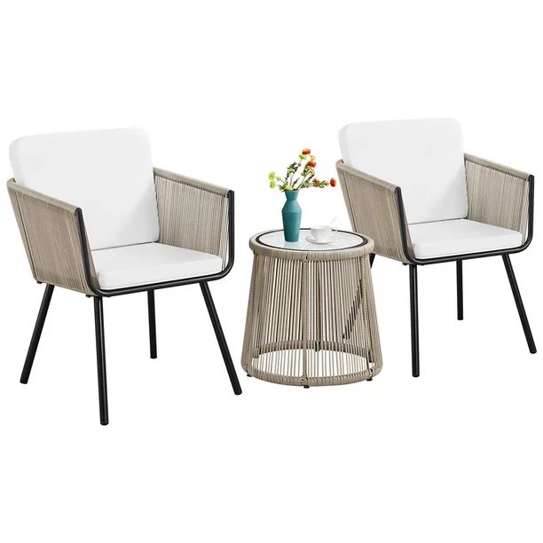 SMILE MART 3-Piece Outdoor Metal Frame Wicker Bistro Set 2 Chairs and Tempered Glass Top Side Tab... | Walmart (US)