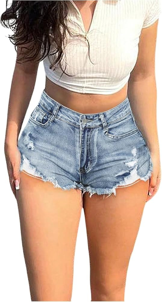 OYOANGLE Women's Ripped Y2K Mini Skinny Denim Shorts Zipper Fly Frayed Hem Party Shorts with Pock... | Amazon (US)