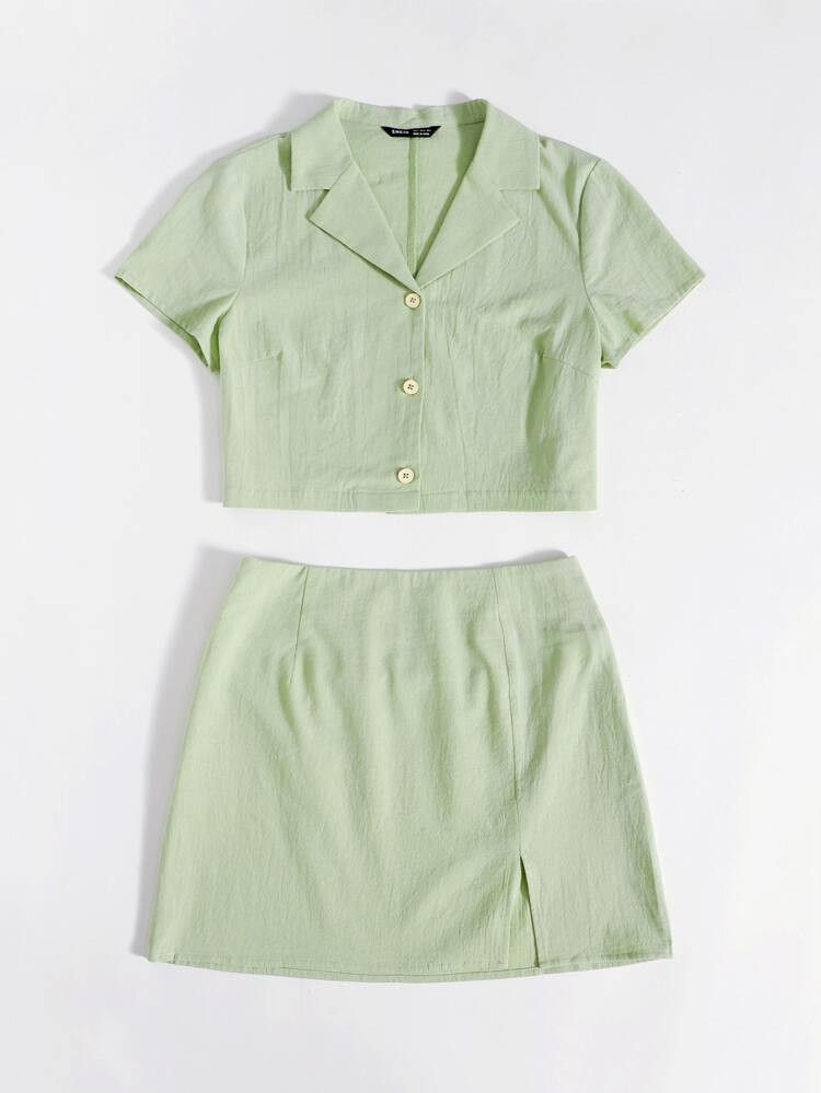 SHEIN Crop Bluse mit eingekerbtem Kragen & Rock mit Schlitz am Saum Set | SHEIN