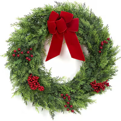 Qeetex 24 Inch Green Artificial Cypress Christmas Wreath with Red Berries and Velvet Bow Large Wi... | Lowe's
