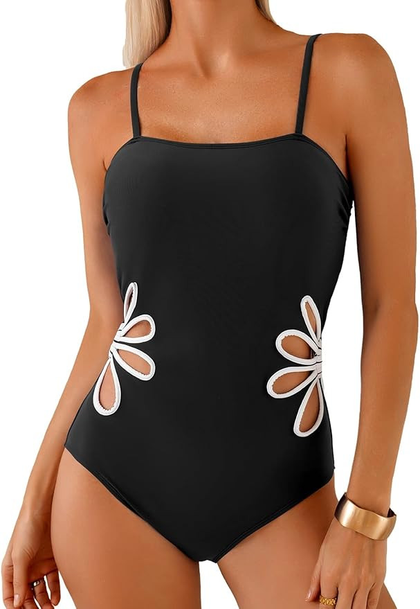Herseas Women's One Piece Swimsuits Adjustable Spaghetti Straps Floral Cutout Bathing Suits Beach... | Amazon (US)