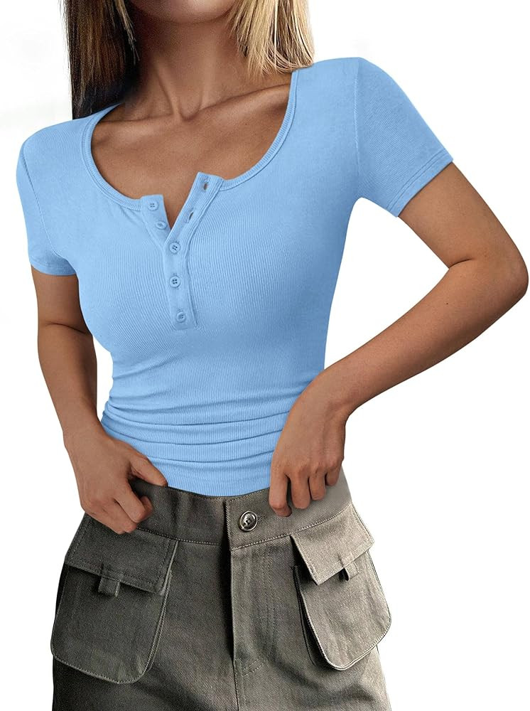 PRETTYGARDEN Women's 2026 Fall Summer Short Sleeve Tops Ribbed Henley Button Slim Fit Basic Casua... | Amazon (US)