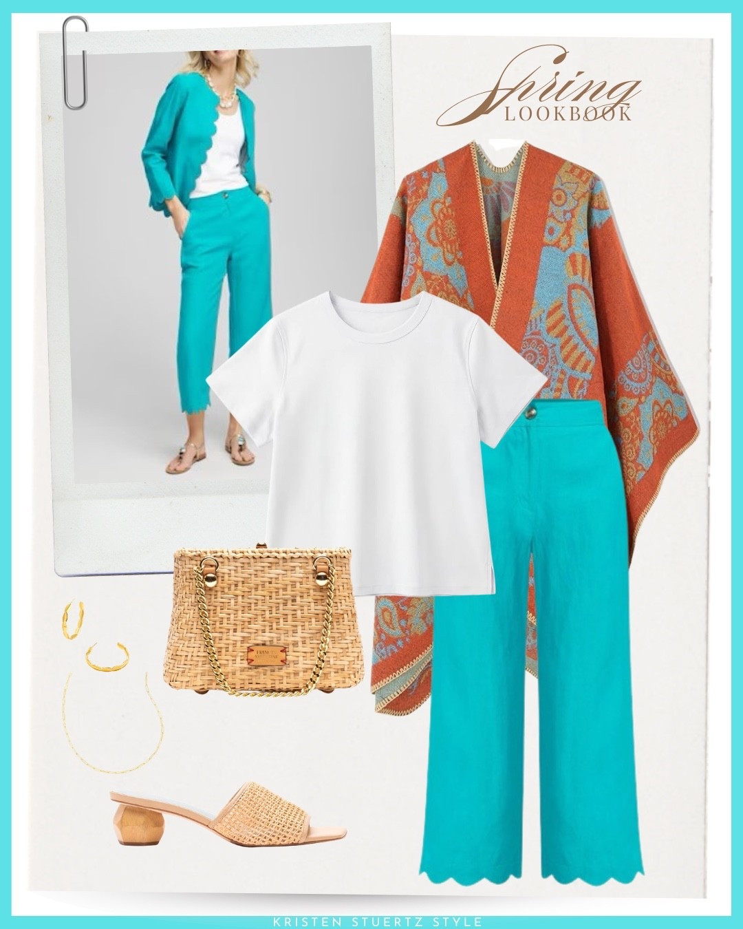A colorful spring outfit. I’ve paired these scalloped turquoise pants with a white t shirt, a floral ruanna shawl, a Frances Valentine basket bag, and Frances Valentine raffia sandals.

@ltk 

#spring outfits #ltkshoecrush 

#LTKOver40 #LTKootd #LTKTall