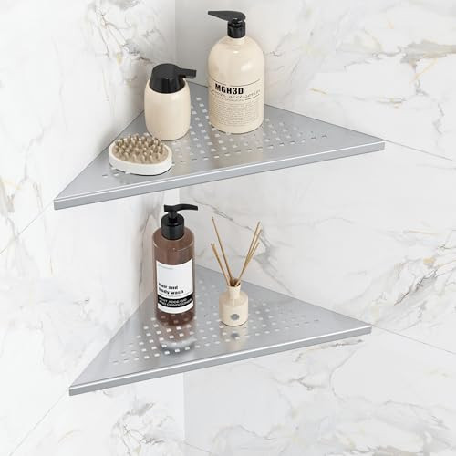 Qeke Corner Shower Shelves, 10” Recessed Tile Shower Shelf Brushed Nickel, 304 Stainless Steel Grout in Corner Tile Bathroom Shelves, No Drilling, 2 Pack | Amazon (US)