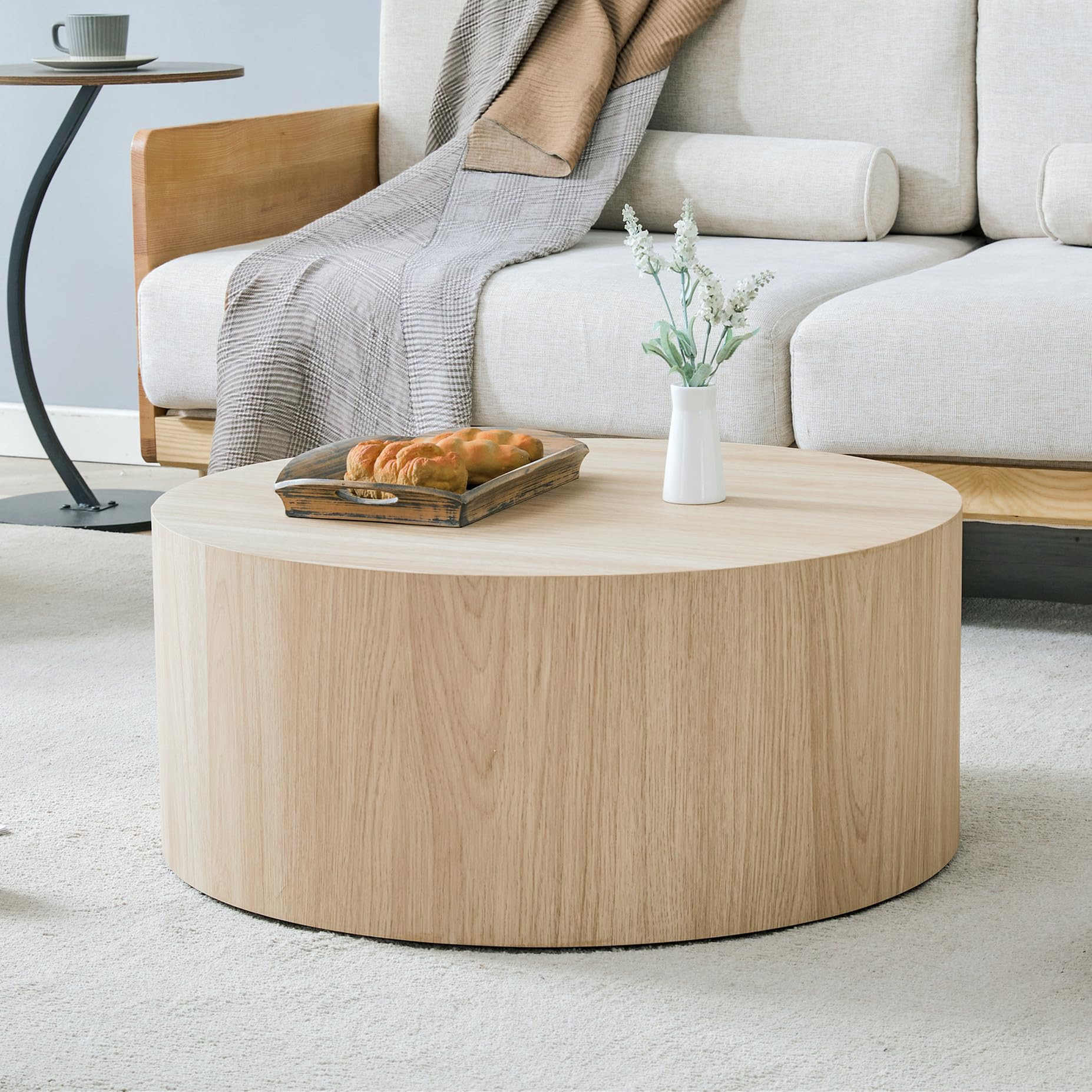 Rustic Natural Wood Coffee Table for Living Room Round Center Table Modern Drum-Shape Wooden Cock... | Amazon (US)