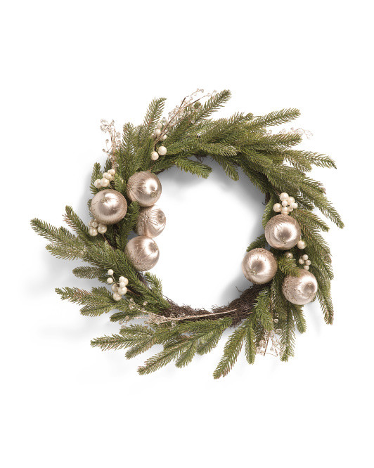 26in Real Touch Glitter Faux Pine Wreath With Ornaments | TJ Maxx